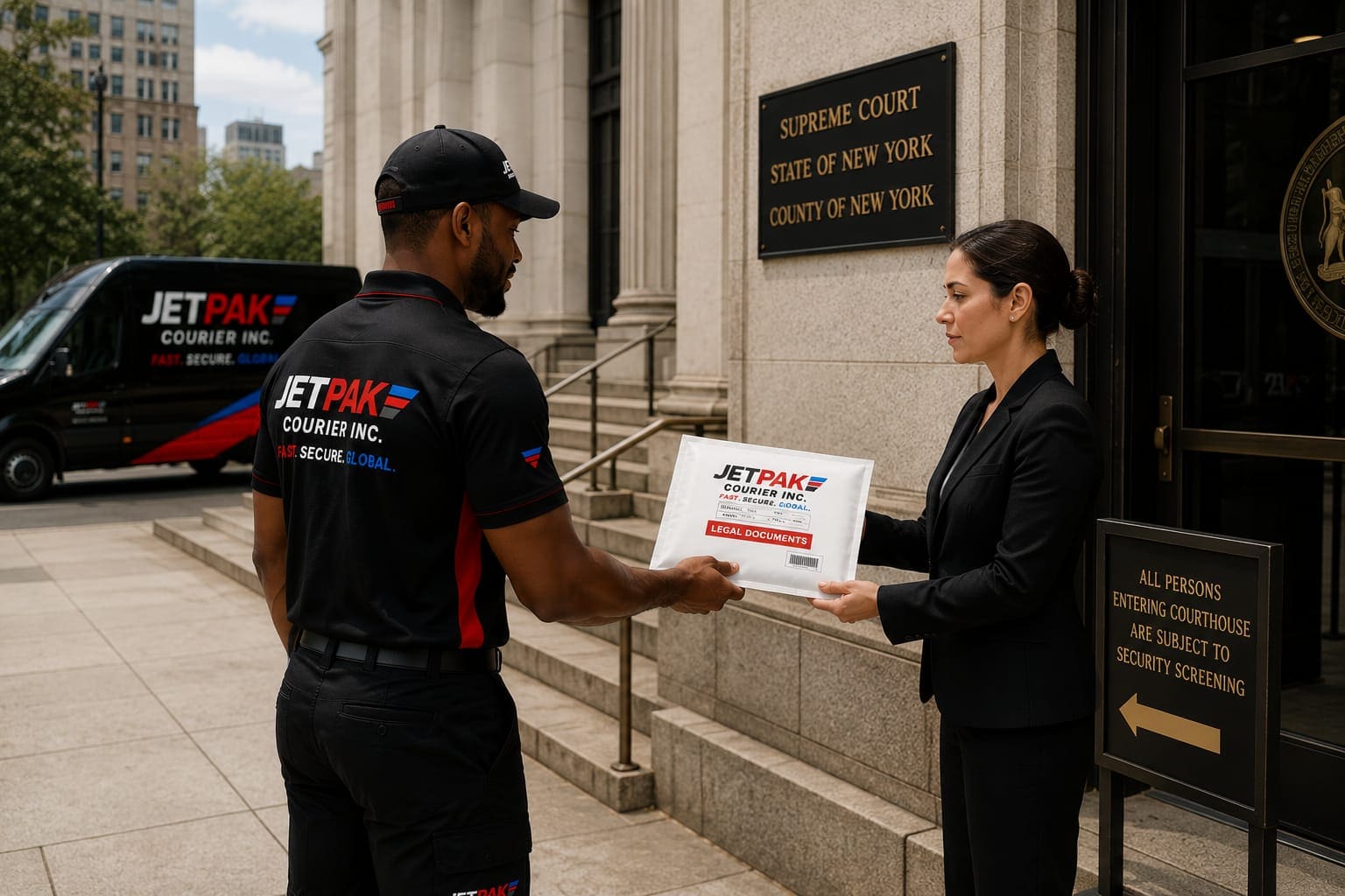 Jetpak courier delivering official correspondence to a government office