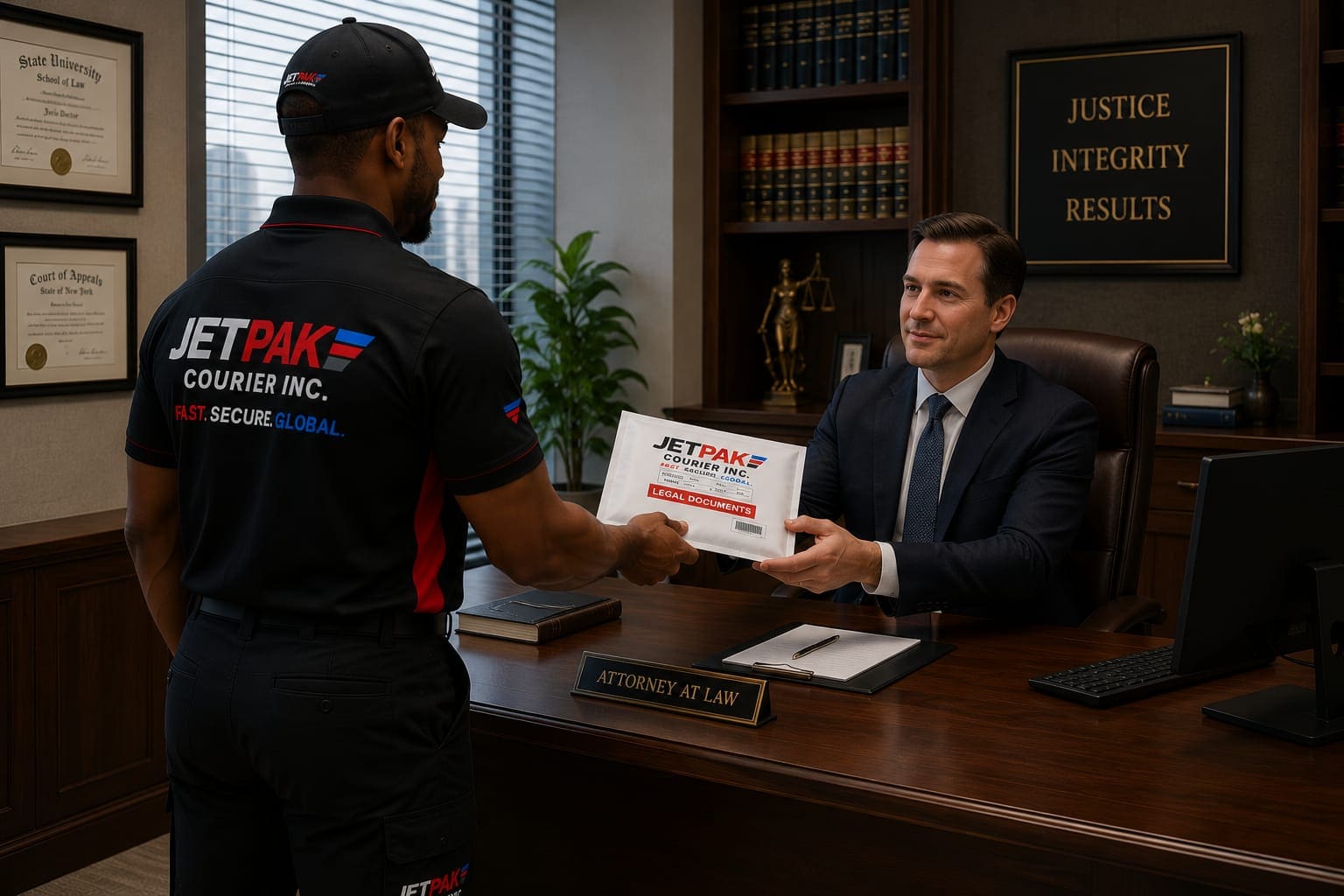 Jetpak courier delivering legal filings to a law firm reception