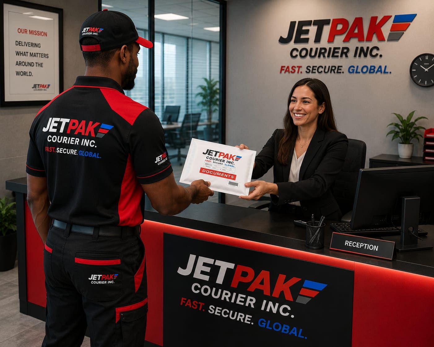 Jetpak courier handing documents to a suited official at a reception desk