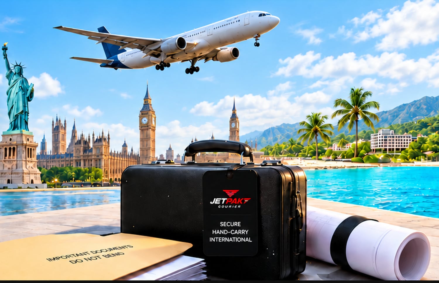 New York, London and Jamaica skylines with an aircraft, a Jetpak hand-carry case and sealed documents