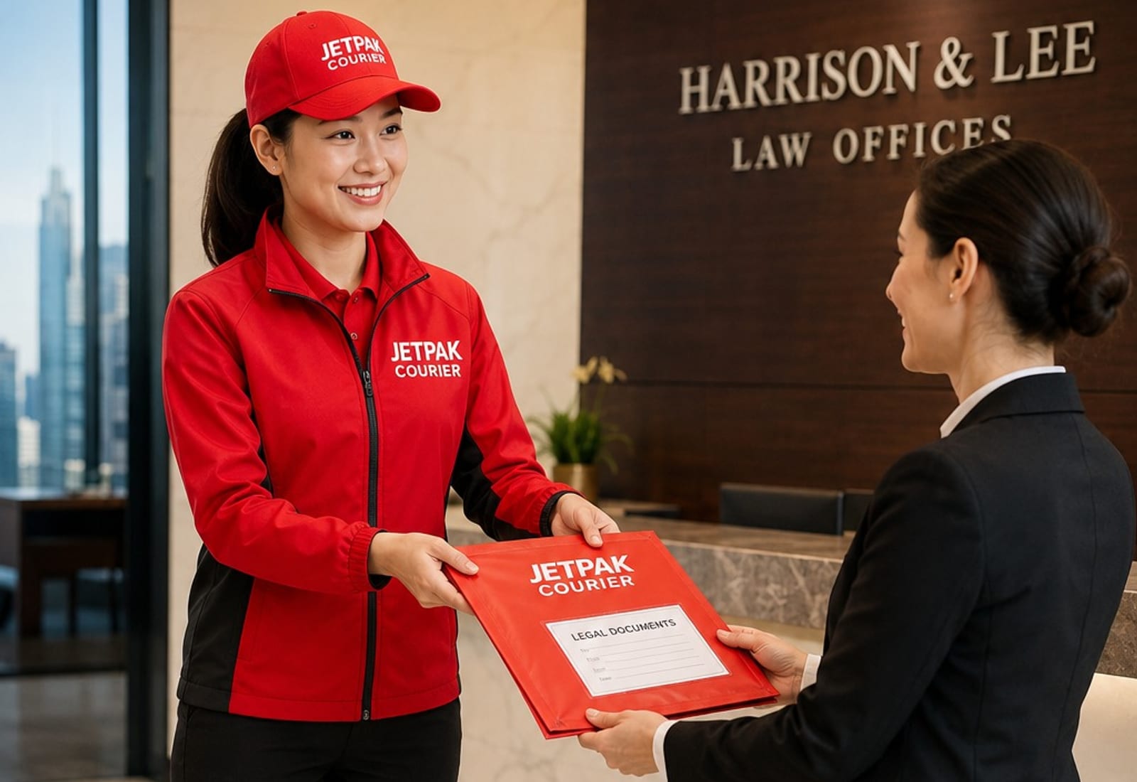 A Jetpak courier handing a sealed document envelope to an attorney