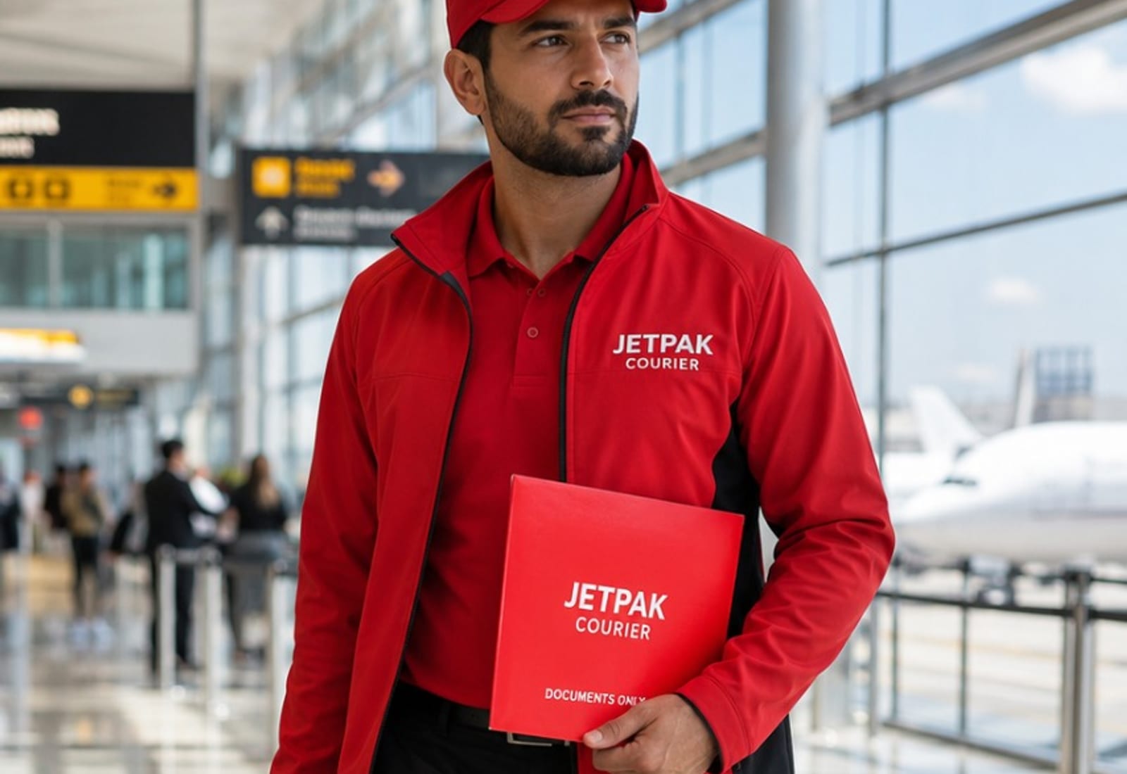 Jetpak courier delivering a signature package to a finance office