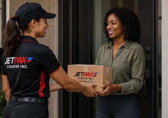Jetpak courier delivering to a door in Jamaica