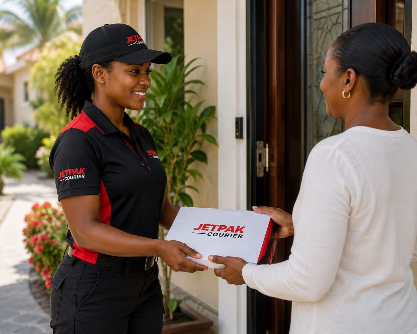 Jetpak courier handing an envelope to a resident at her door