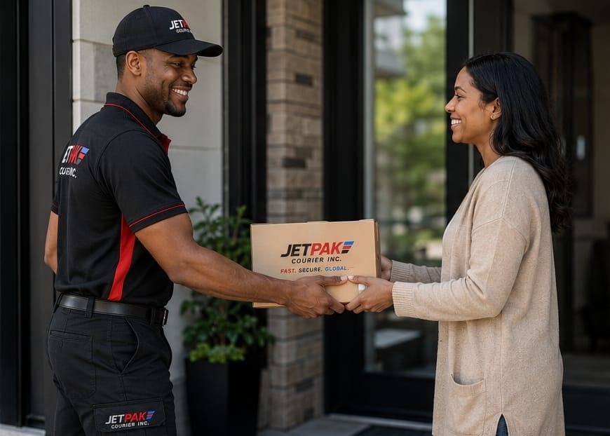 A Jetpak courier handing a sealed document envelope to a customer